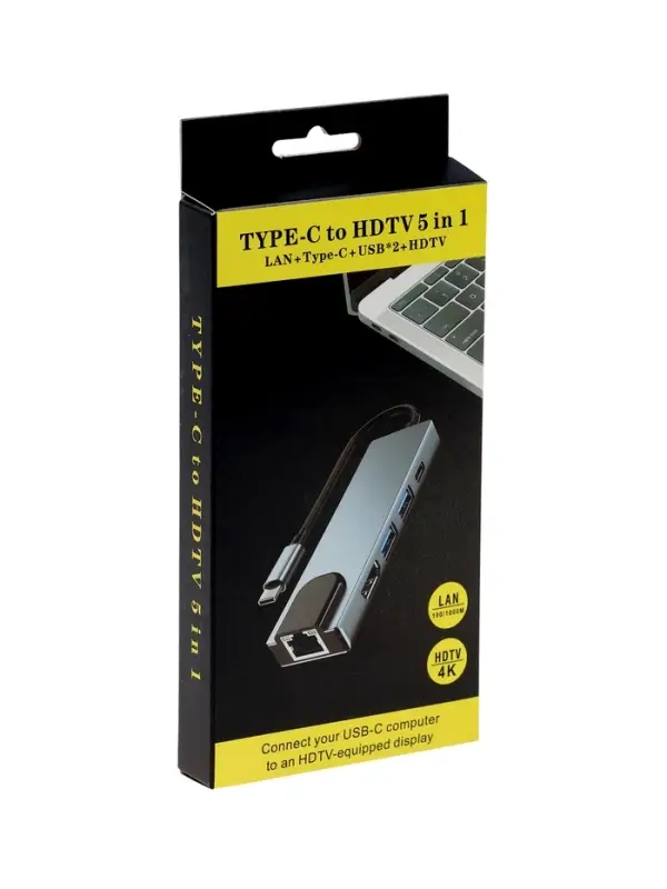 Type-C-разветвитель (HUB), HDMI/USB3.0/USB3.0/RJ45/PD, 60 ВТ, 3 А, кабель 13.5 см, серый