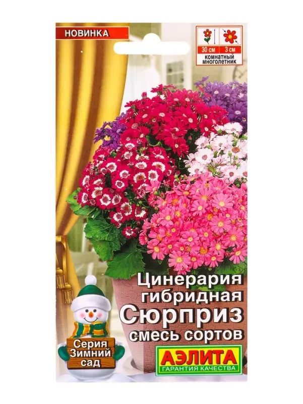 Семена цветов Цинерария гибридная Сюрприз, смесь сортов Мн Зимний сад, Ц/П,30 шт.