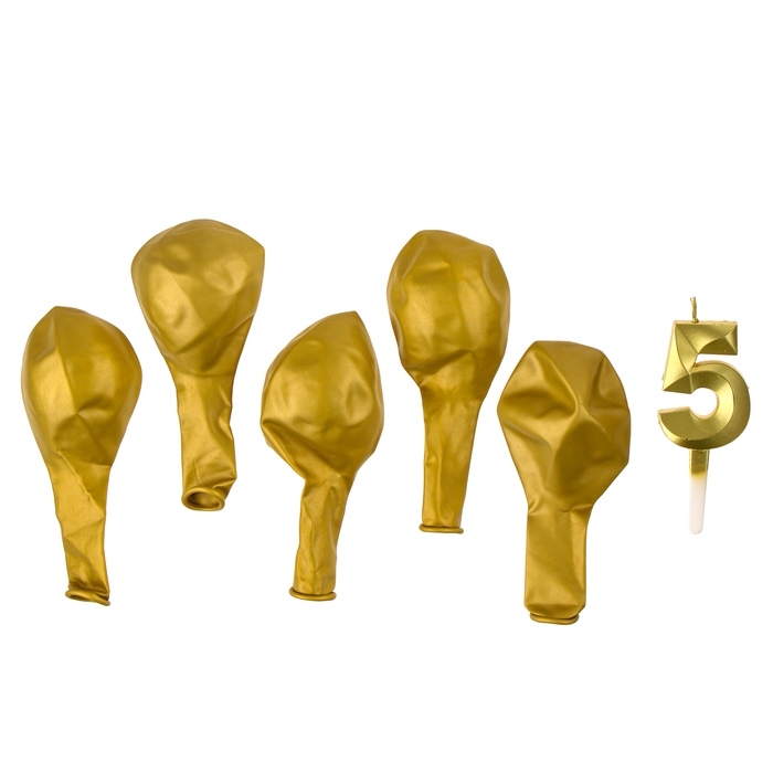Свечи для торта + 5 шаров, цифра 5, золото