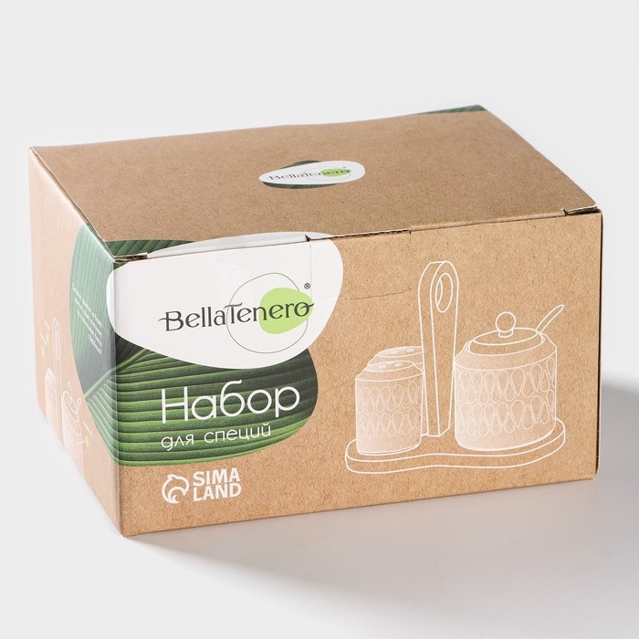 Набор керамический для специй на бамбуковой подставке BellaTenero &laquo;Герда&raquo;, 3 предмета: солонка 120 мл, перечница 120 мл, сахарница с ложкой 220 мл, цвет белый