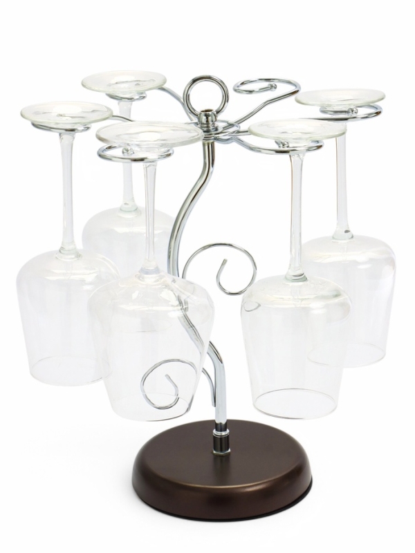 Подставка для бокалов, серебристая с коричневым основанием, на 6 бокалов