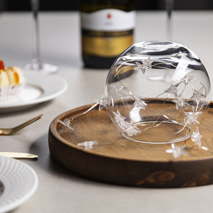 Гирлянда &laquo;Нить&raquo; 2 м роса с насадками &laquo;Звезда&raquo;, IP20, серебристая нить, 20 LED, свечение тёплое белое, 2 режима, ААх2