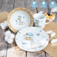 Набор детской посуды из керамики Доляна &laquo;Жирафик&raquo;, 3 предмета: кружка 230 мл, миска 400 мл, тарелка d=18 см