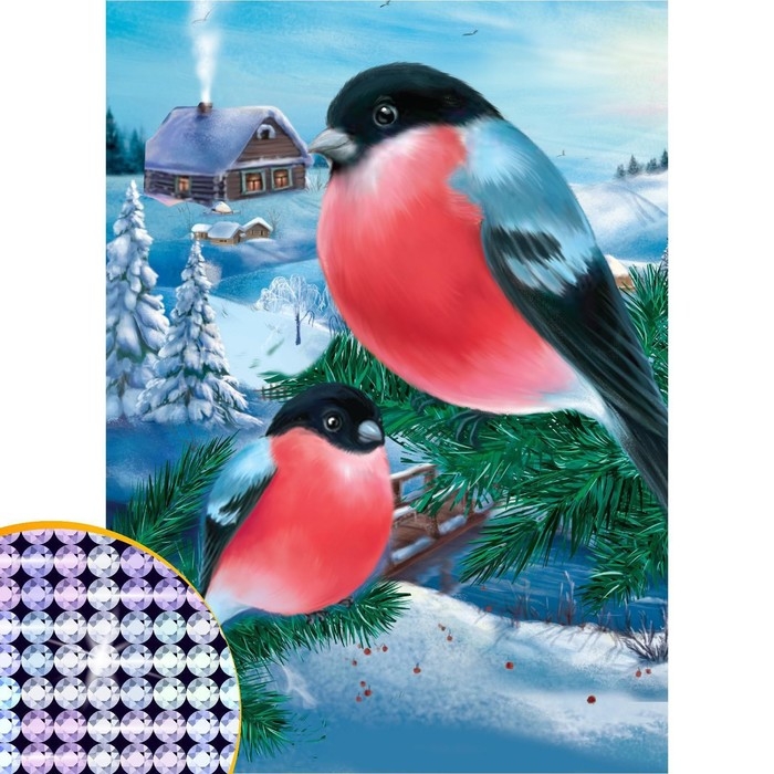 Алмазная мозаика на новый год с частичным заполнением на холсте &laquo;Снегири&raquo;, 15 х 21 см, новогодний набор для творчества