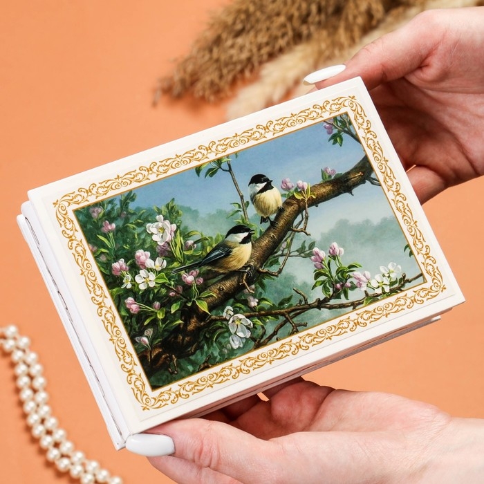 Шкатулка &laquo;Синички на ветке&raquo;, белая, 11&times;16 см, лаковая миниатюра