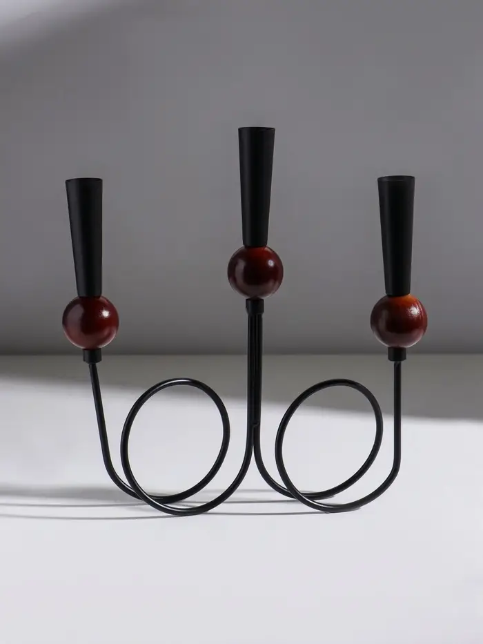 Подсвечник металл, дерево "Параллельные вселенные" d=2,2 см чёрный 25х3,5х27,3 см