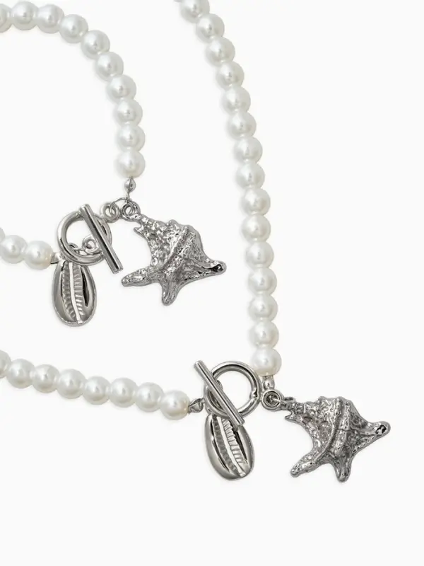 Набор 2 пред-та: бусы.браслет "Жемчуг", ракушка, цвет белый в серебре L=18/42см №8