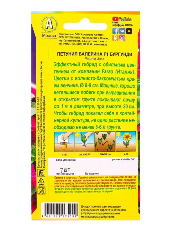 Семена цветов Петуния Балерина бургунди крупноцветковая F1  (драже) С. Farao, Ц/П,7 шт.