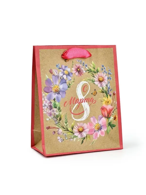 Пакет подарочный крафтовый &laquo;8 марта&raquo;, S 12 х 5.5 х 15 см