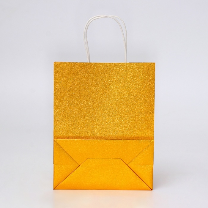 Пакет подарочный бумажный с глиттером золотой, 21 х 11 х 27 см