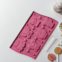 Форма для леденцов Доляна &laquo;Звери&raquo;, силикон, 27,5&times;16,5 см, 6 ячеек (6,4&times;6,4), с палочками, цвет МИКС