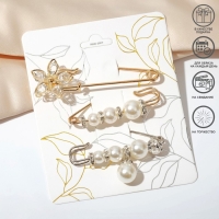 Набор булавок (3 шт.) &laquo;Жемчужины и цветы&raquo;, 7,5 см, цвет белый в золоте и серебре