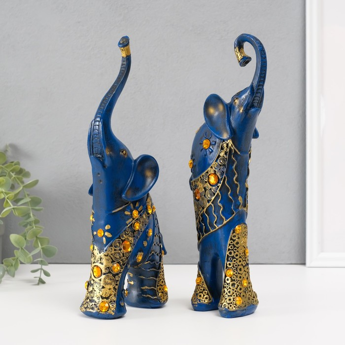 Сувенир полистоун "Синие слоны с оранжевыми стразами" набор 2 шт 28,5х21х8,3 см