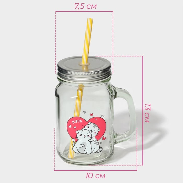 Кружка стеклянная Доляна &laquo;Котик&raquo;, 450 мл, 10&times;7,5&times;13 см, с ручкой, крышкой и трубочкой