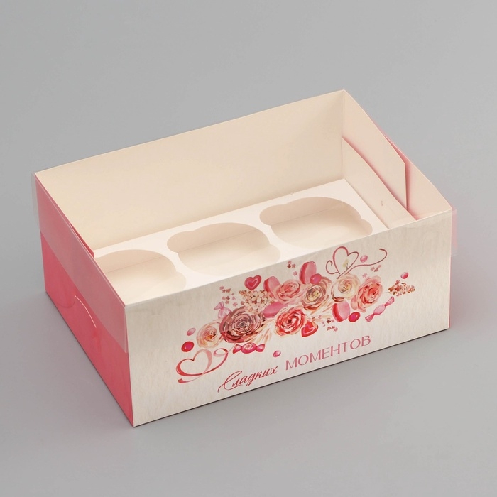 Коробка для 6 капкейков с прозрачной крышкой, "Сладких моментов", 23 &times; 16 &times; 10 см, кондитерская упаковка