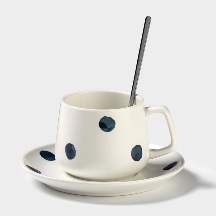 Чайная пара &laquo;Горошек&raquo;, 220 мл, с ложкой, блюдце d=15, кружка 9,5&times;7,5&times;7 см, керамика, белая