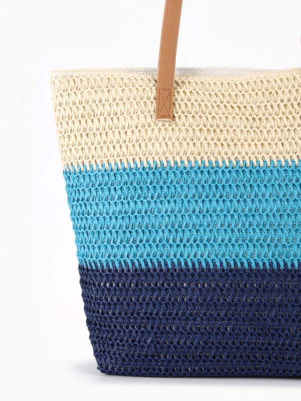 Сумка пляжная Полосы, 47*12*35, отд на молнии, подкладка, беж/синий