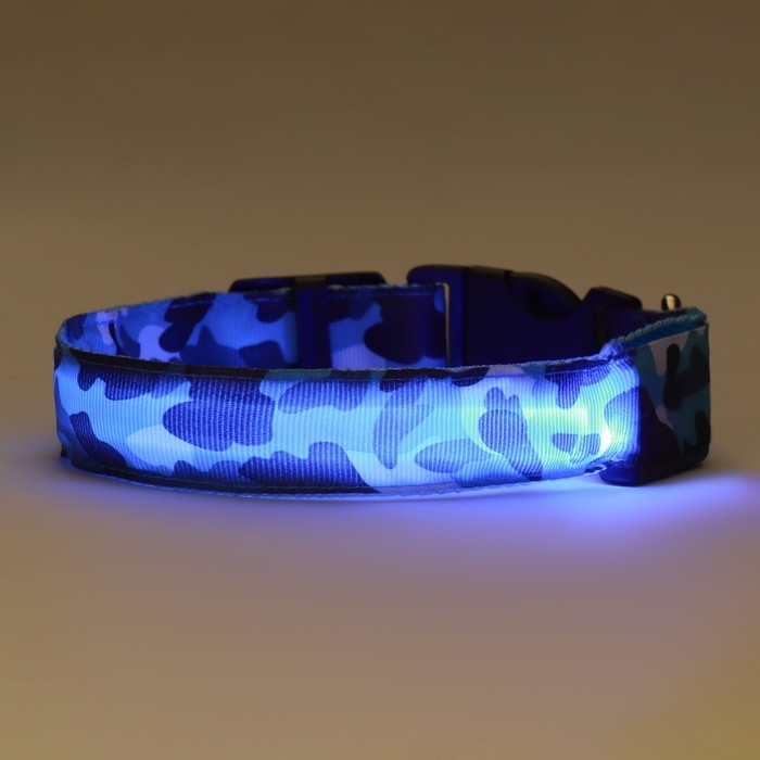 Ошейник с подсветкой Милитари 3 режима свечения размер М, ОШ 32-50 х 2,5 см, синий