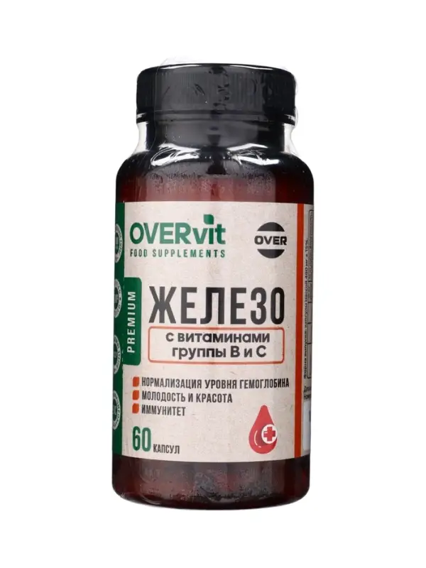 Железо с витаминами В3, В6, В9, В12, С OVERvit, 60 капсул
