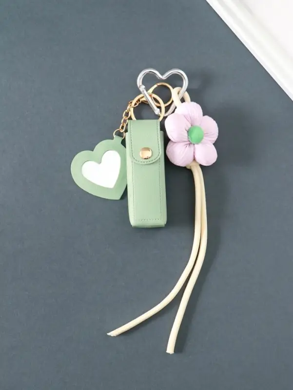 Брелок кожзам с карабином, с зеркалом "Для помады. Цветок" мятный 20х3х3,5 см