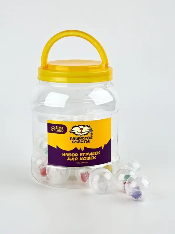 Шарик для кошек с помпошкой, 4 см, фасовка в банку по 25 шт, МИКС