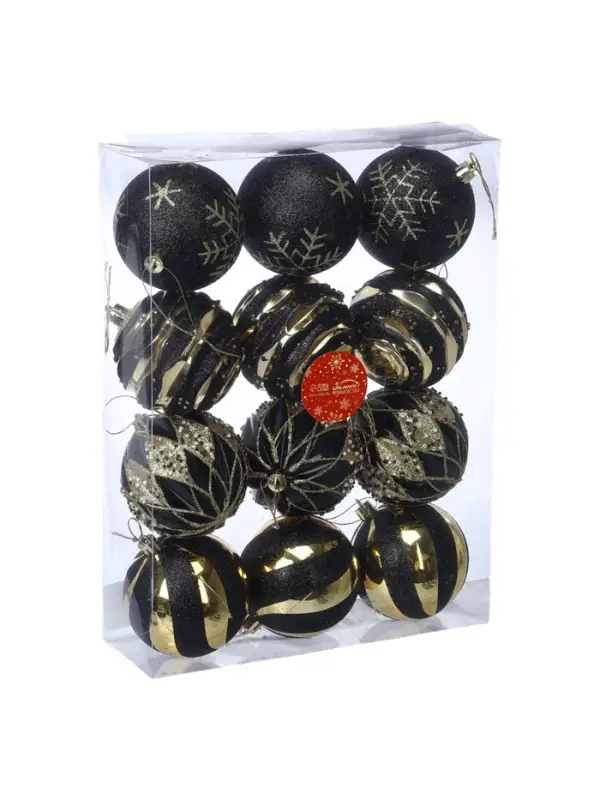 Ёлочные игрушки 12 шт. &laquo;Савьер&raquo;, шары новогодние, d=8 см, чёрно-золотой