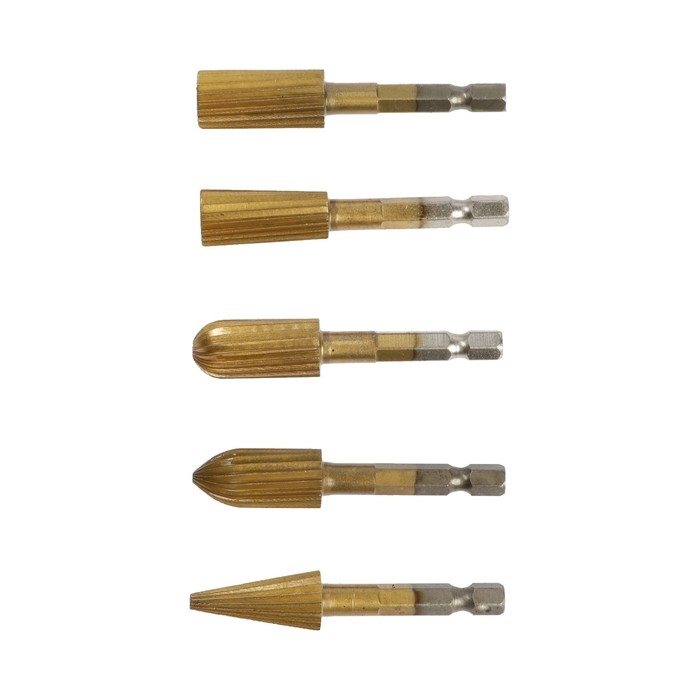 Набор шарошек по дереву и пластику ТУНДРА, TiN покрытие, шестигранный хвостовик, 5 шт. Набор шарошек по дереву и пластику ТУНДРА, TiN покрытие, шестигранный хвостовик, 5 шт.