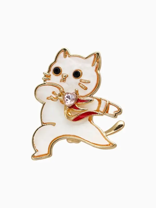 Брошь "Кот" герой, бело-розовая в золоте