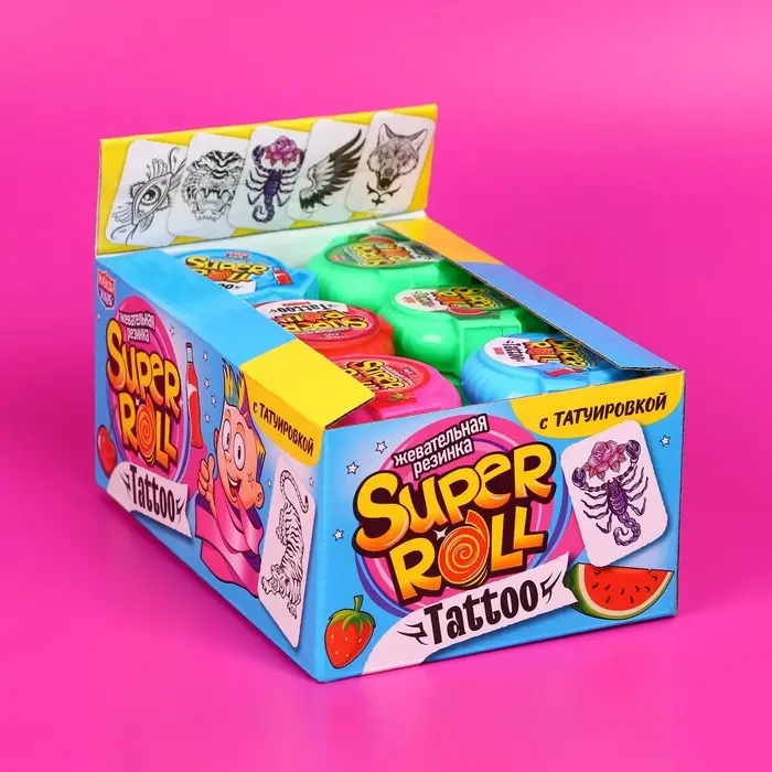 Жевательная резинка SUPER ROLL TATTOO, ассорти, 12 г