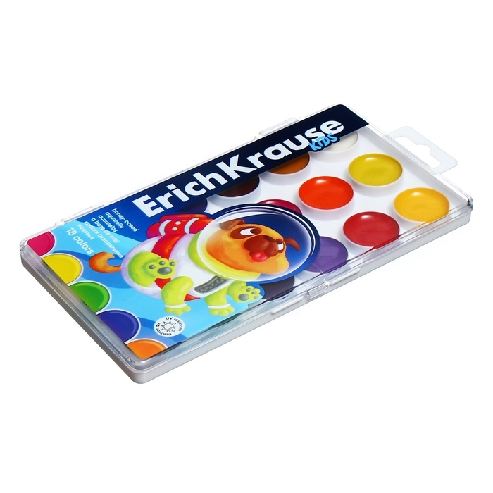 Акварель 18 цветов, ErichKrause Kids Space Animals, медовая, с УФ защитой яркости, пластиковая коробка, европодвес Акварель 18 цветов, ErichKrause Kids Space Animals, медовая, с УФ защитой яркости, пластиковая коробка, европодвес