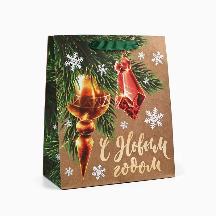 Пакет подарочный новогодний крафтовый вертикальный &laquo;С Новым годом&raquo;, ёлочные игрушки, ML 23 х 27 х 11.5 см , Новый год