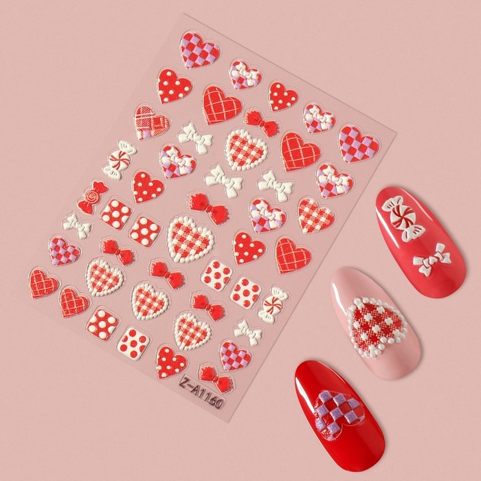 Наклейки для ногтей &laquo;Сердца&raquo;, объемные, матовые, цвет красный/белый/розовый