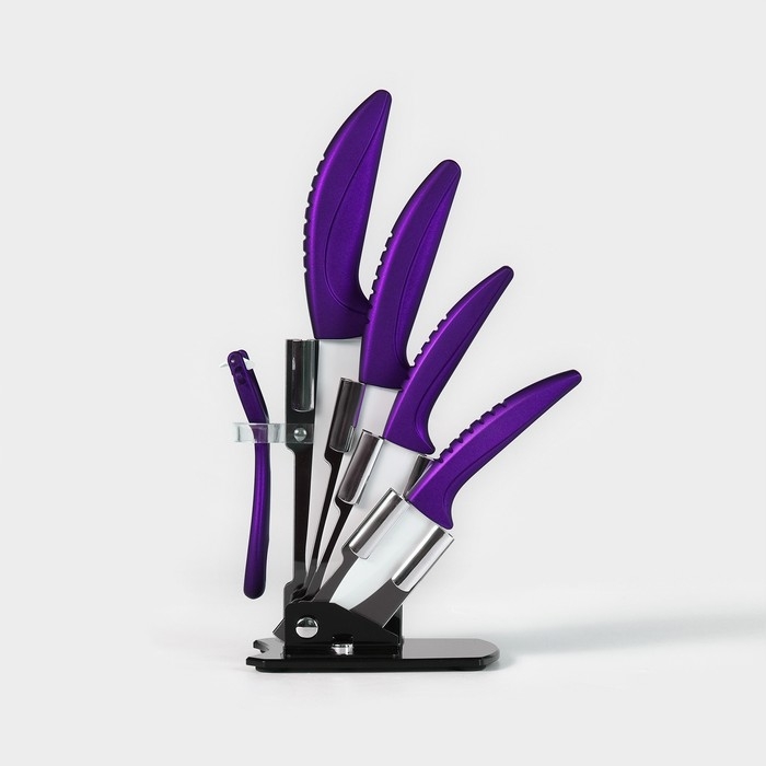 Набор кухонный &laquo;Изгиб&raquo;, 5 предметов: ножи 7,5 см, 10 см, 13 см, 15 см, овощечистка, на подставке, цвет фиолетовый