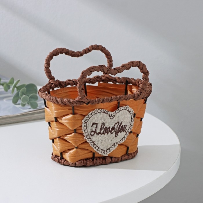 Кашпо для цветов плетёное с ручками Доляна &laquo;Сердце&raquo;, 13,5&times;10&times;12,5 см, цвет светло-коричневый