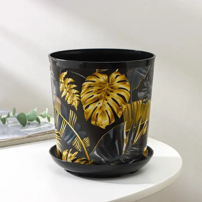 Горшок для цветов с поддоном Доляна &laquo;Голди.Тропики&raquo;, 1,6 л, d=14 см, h=15,5 см, пластиковый, цвет чёрный