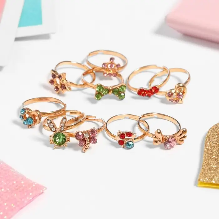 Кольцо детское &laquo;Выбражулька&raquo; со стразами, форма МИКС, цвет МИКС в золоте, фас 100 шт