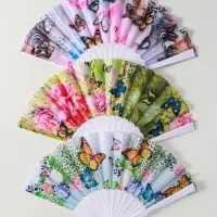 Веер пластик, текстиль "Бабочки и цветы на леопарде" МИКС 23 см