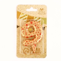 Свеча в торт "Саната", цифра "9", золотая с красными звездами, 5,5 см