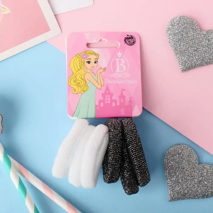 Резинка для волос "Махрушка" (набор 6 шт) мерцание, 4 см, чёрно-белый