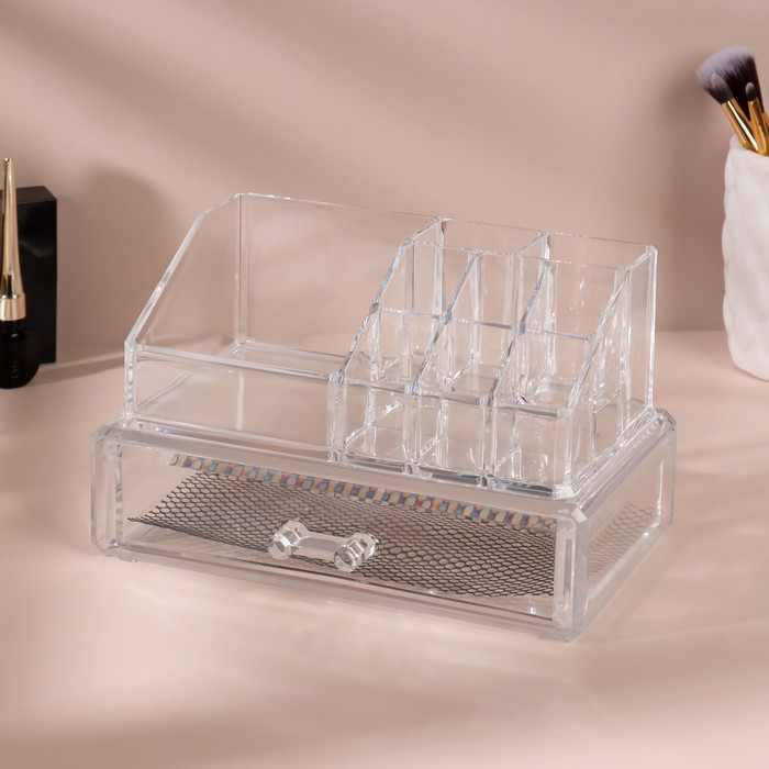 Органайзер для хранения, 9 секций, с выдвижным ящиком, 18,5 &times; 10 &times; 11,5 см, в картонной коробке, цвет прозрачный