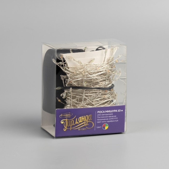 Гирлянда &laquo;Мишура&raquo; 10 м роса, IP20, серебристая нить, 200 LED, свечение мульти, 12 В