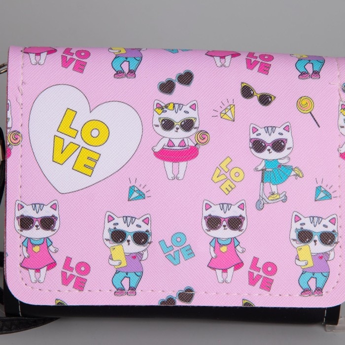 Сумка детская для девочки "Кошечка", на клапане, цвет чёрный/розовый, 15х4х12 см