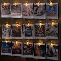 Гирлянда &laquo;Нить&raquo; 2 м роса с насадками &laquo;Прищепки-снеговик&raquo;, IP20, серебристая нить, 20 LED, батарейки ААх2 (нет в комплекте), свечение тёплое белое