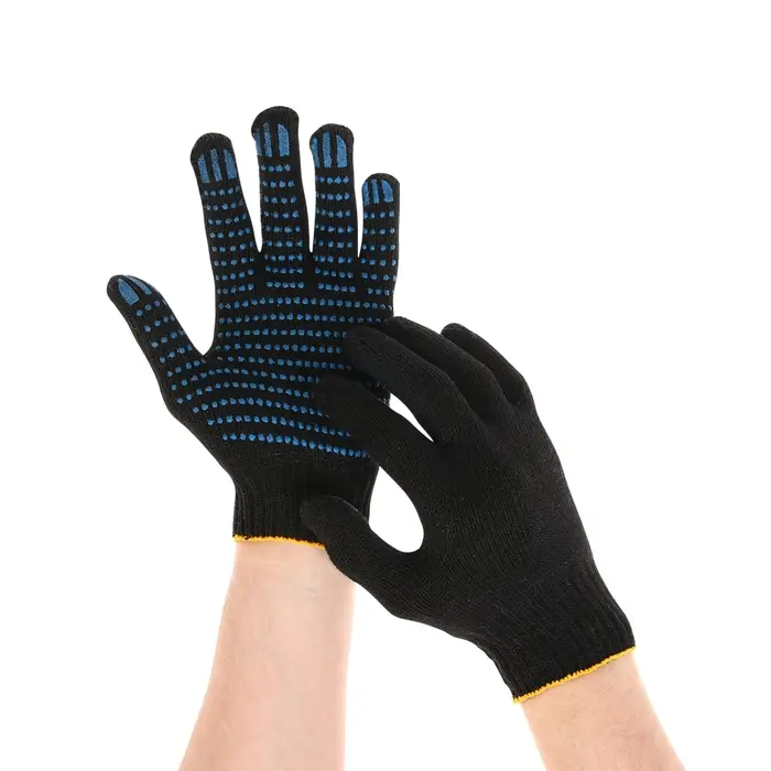 Перчатки садовые, хб, вязка 7 класс, 6 нитей, размер 10, с ПВХ точками, чёрные, Greengo