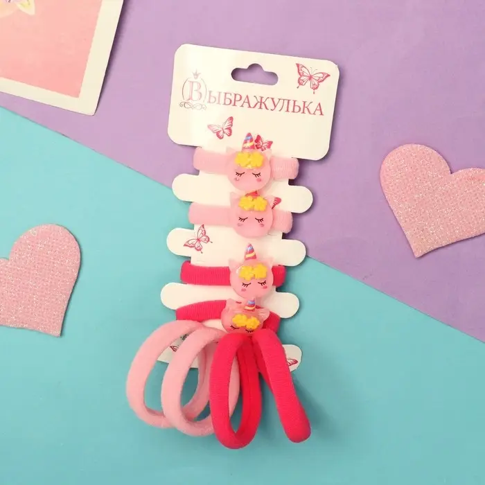 Резинка для волос "Амелия" (набор 8 шт) единорожек с цветочками, 4 см, розовый