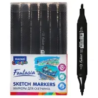 Маркер художественный двусторонний Mazari "FANTASIA" black, пишущие узлы 3,0 - 6,2 мм