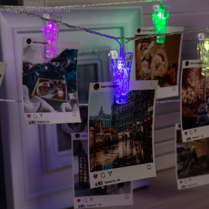 Гирлянда &laquo;Нить&raquo; 4.5 м с насадками &laquo;Прищепки&raquo;, IP20, прозрачная нить, 20 LED, свечение RG/RB, мигание, 220 В