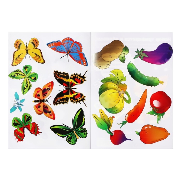 Набор трафарет-раскраска Calligrata, 6 штук (овощи, домашние животные, цветы, бабочки, лесные звери, фрукты), для девочек