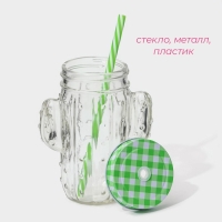 Кружка стеклянная с крышкой и трубочкой Доляна &laquo;Кактус&raquo;, 450 мл, 11&times;7&times;15 см