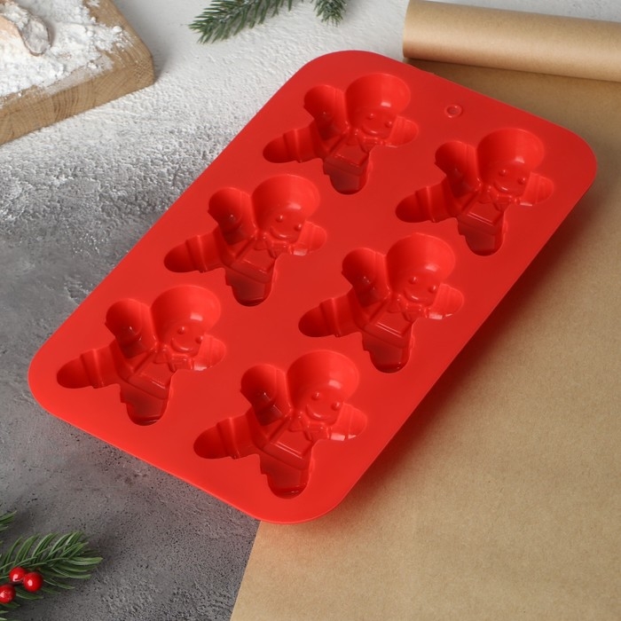 Форма для выпечки новогодняя Доляна &laquo;Новый год. Имбирный пряник&raquo;, силикон, 28&times;17 см, 6 ячеек, цвет красный